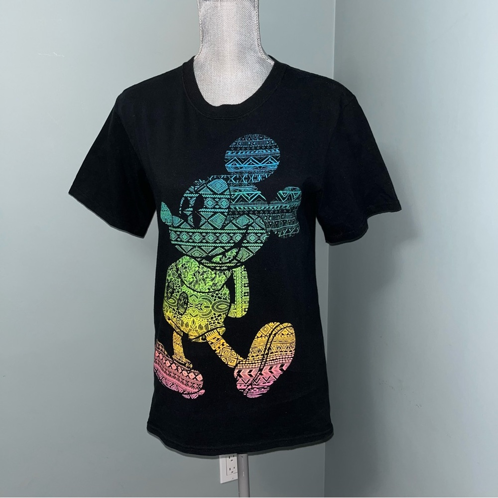 DISNEY Mickey Mouse rainbow print T-SHIRT womens size small unisex black